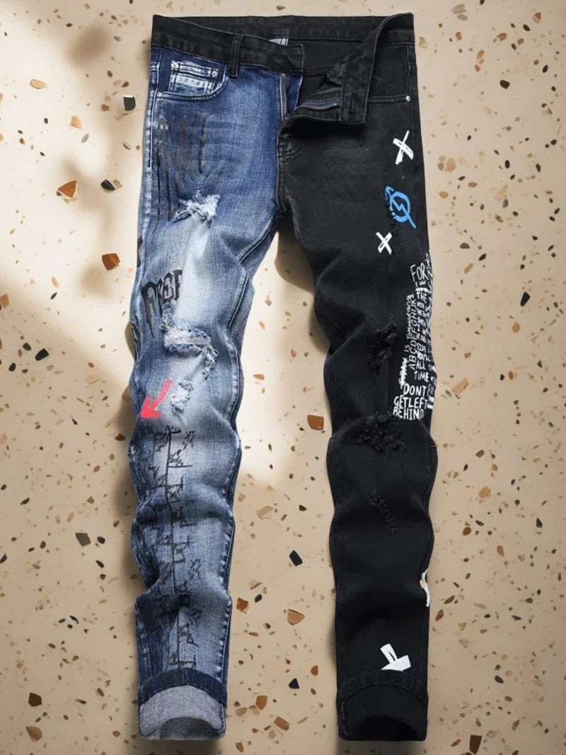 Men's Ripped Letter Print Stretch Small Feet Straight Slim Patchwork Jeans Comfortable Skinny Bike Jeans