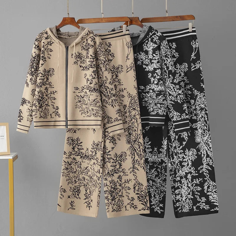 Korean Jacquard Design 2 Piece Sets Women Knitted Zipper Hooded Sweatshirt Tops Conjuntos High Waist Knitwear Sweatpants Outfit