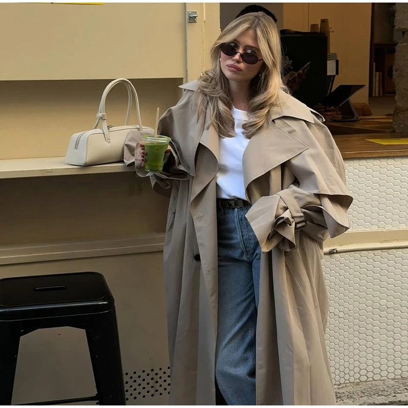 Solid Lace Up Long Trench Coat Women Fashion Full Sleeve Lapel Single Breasted Loose Outerwear 2026 Lady Spring High Street Coat