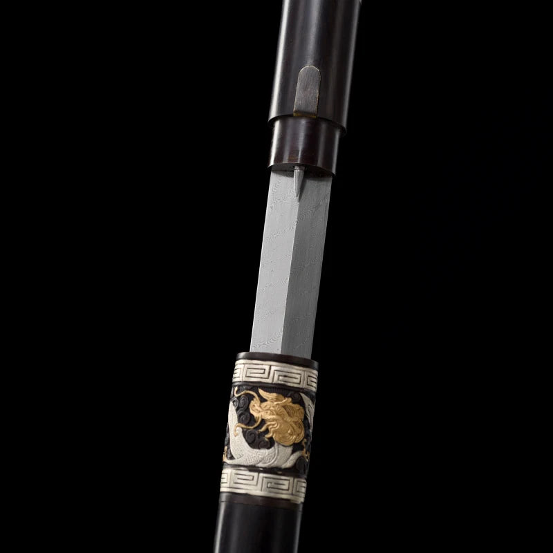 Medieval Staff Sword Folded Steel Damascus Blade Sharp Real Ebony Wood Scabbard Walking Stick Gold Silver Plating Dragon Katanas