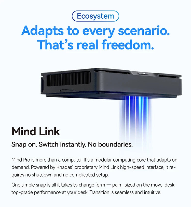 Khadas Mind Pro, AI Mini PC 180 TOPS, Intel Ultra X7 358H, Arc B390, 64GB+2TB, 7.98Wh Battery, Wi-Fi 7, BT 6.0, for Gaming/Offic
