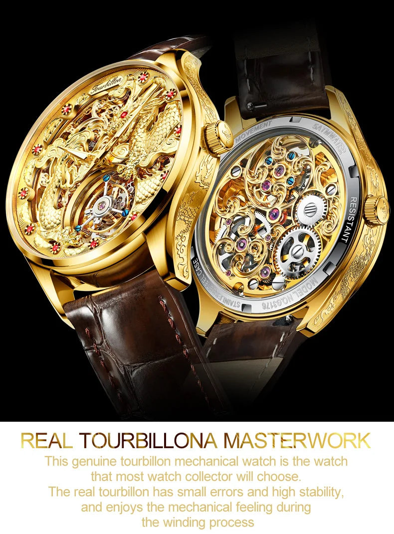 100% OUPNKE 3176 Authentic Tourbillon Men Watch Luxury 3D Relief Golden Dragon Watch Original Mature Automatic Mechanical Watch