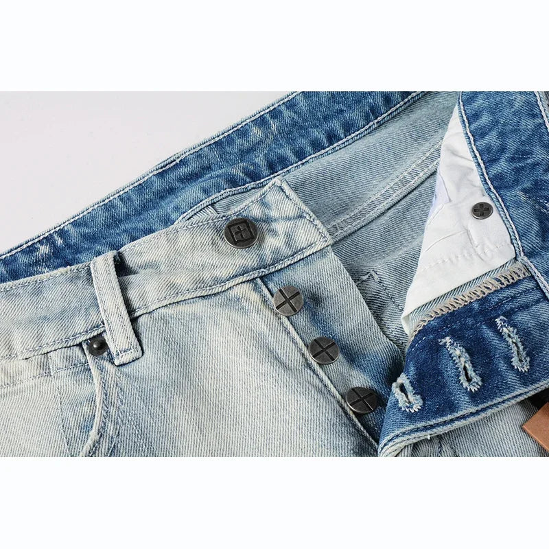 Men's High Street Distressed Light Indigo Stretch Skinny Button Fly Ripped Jeans Pants