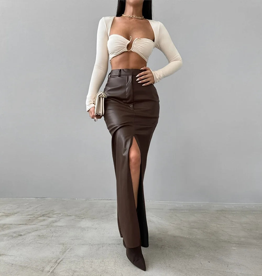 Women's Split Design Solid Color High Waist Pu Leather Skirt 2026 Spring Fall Office Lady Trendy Streetwear Long Skirts
