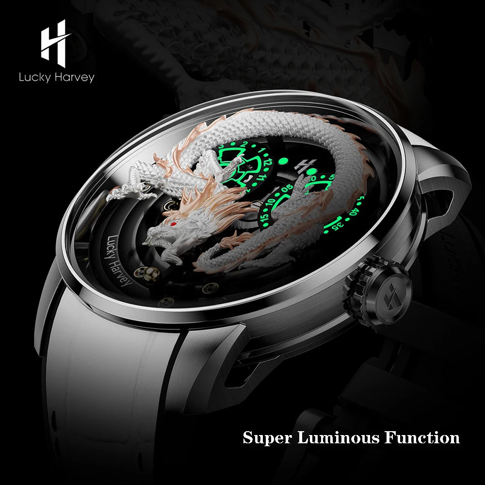 Lucky Harvey Chinese 3D Engraving Dragon Dial Automatic Mechanical Watches for Men Sapphire Crystal Business Fashion Watch