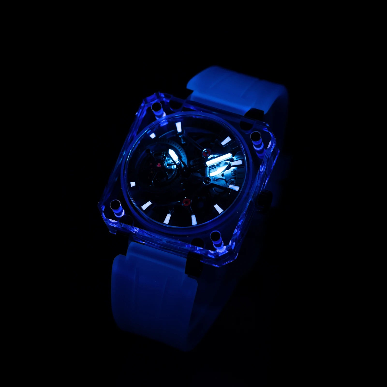 OBLVLO Men's Blue Skeleton Dial Tourbillon Automatic Watch Transparent Square Analog Display And Hollow-out Design BR-TB