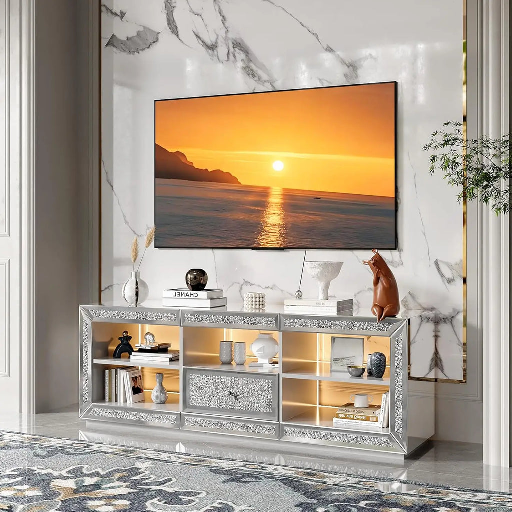 Mirrored TV Stand with Sparkling Diamonds & LED Lights for TVs Up to 65 Inch, Assembled Modern Entertainment Center with Drawer