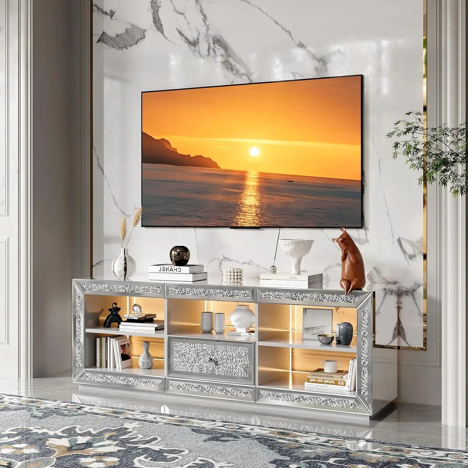 Mirrored TV Stand with Sparkling Diamonds & LED Lights for TVs Up to 65 Inch, Assembled Modern Entertainment Center with Drawer