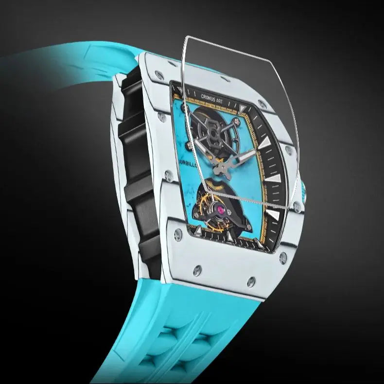 CRONUSART Men Tourbillon Watch 50mm Tonneau Mechanical Wristwatch Carbon Fiber Case & Dial Luminous Sapphire Mirror