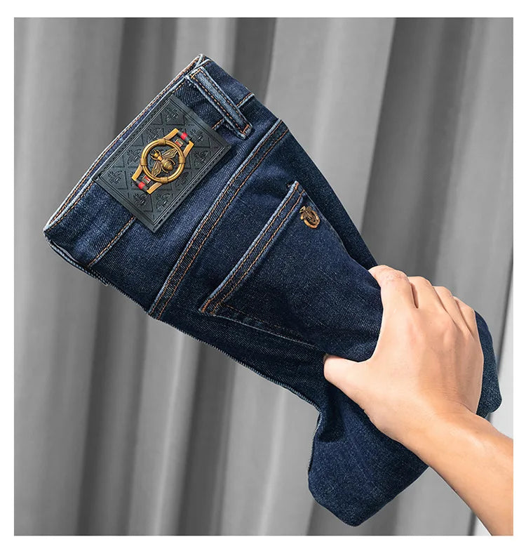 Light Luxury Blue Jeans Men's Autumn and Winter Thick 2024 New Simple and Versatile Casual Stretch Slim High-End Trousers