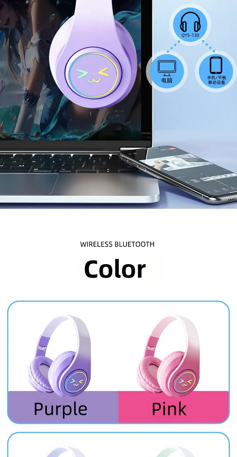 Original Wireless Bluetooth Headphones for Computer RGB Glowing Smiley Face Noise Reduction Gaming Headset Gamer Girl Bass Sport