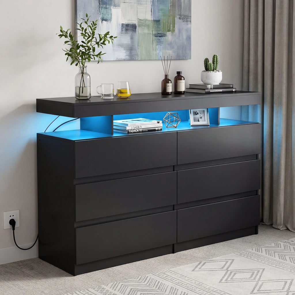 6-Drawer Dresser with Power Outlet with LED Light, Modern Chest of Drawers for Closet, Drawer Organizer Cabinet for Bedroom