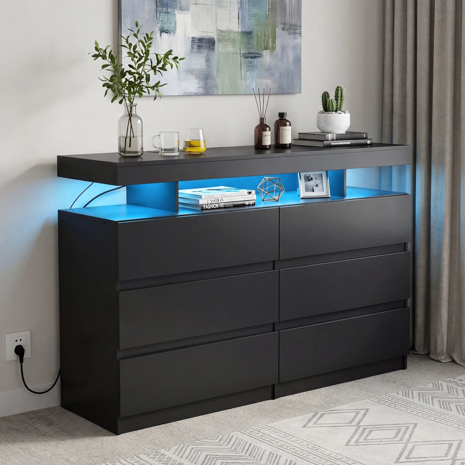 6-Drawer Dresser with Power Outlet with LED Light, Modern Chest of Drawers for Closet, Drawer Organizer Cabinet for Bedroom