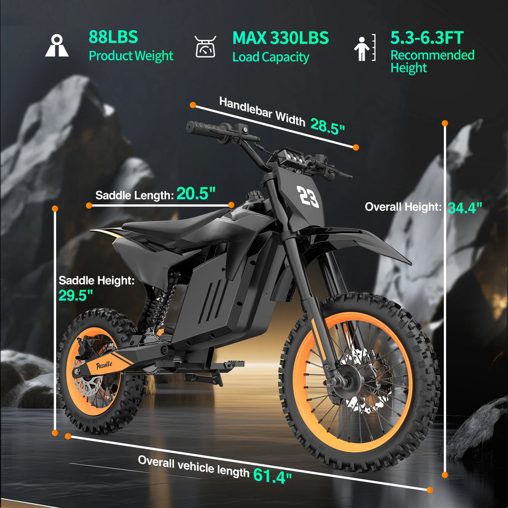 Pazolle Electric Motorcycle 3000W 48V30AH Hydraulic Brakes Electric Dirt Bike for Adults All-Terrain Tires E-Bike 1Year Warranty