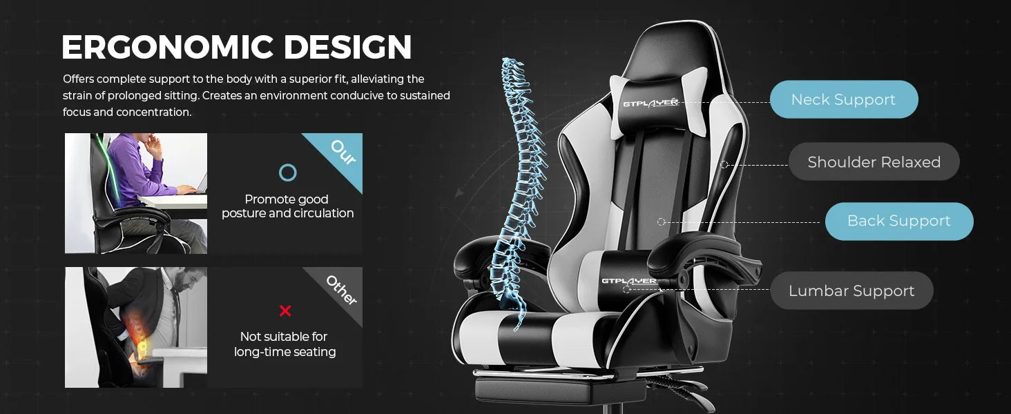GTPLAYER Gaming Chair with Footrest Lumbar Support 360 Swivel Height Adjustable Computer Game Chair