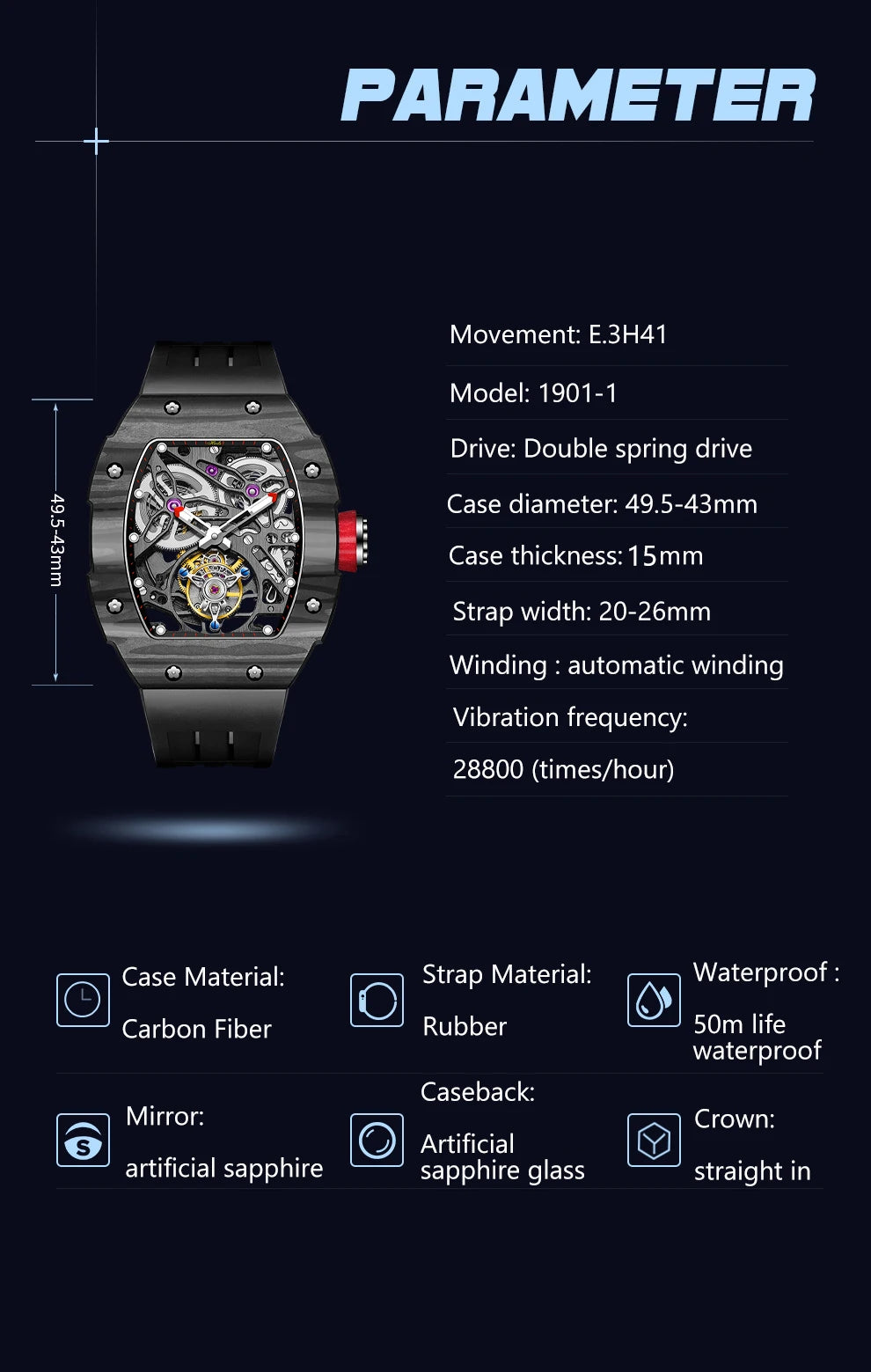 Haofa Automatic Tourbillon Watch Men Carbon Fiber Hollow Movement Luminous Sapphire Crystal Mechanical Man Watches Luxury 1901-1