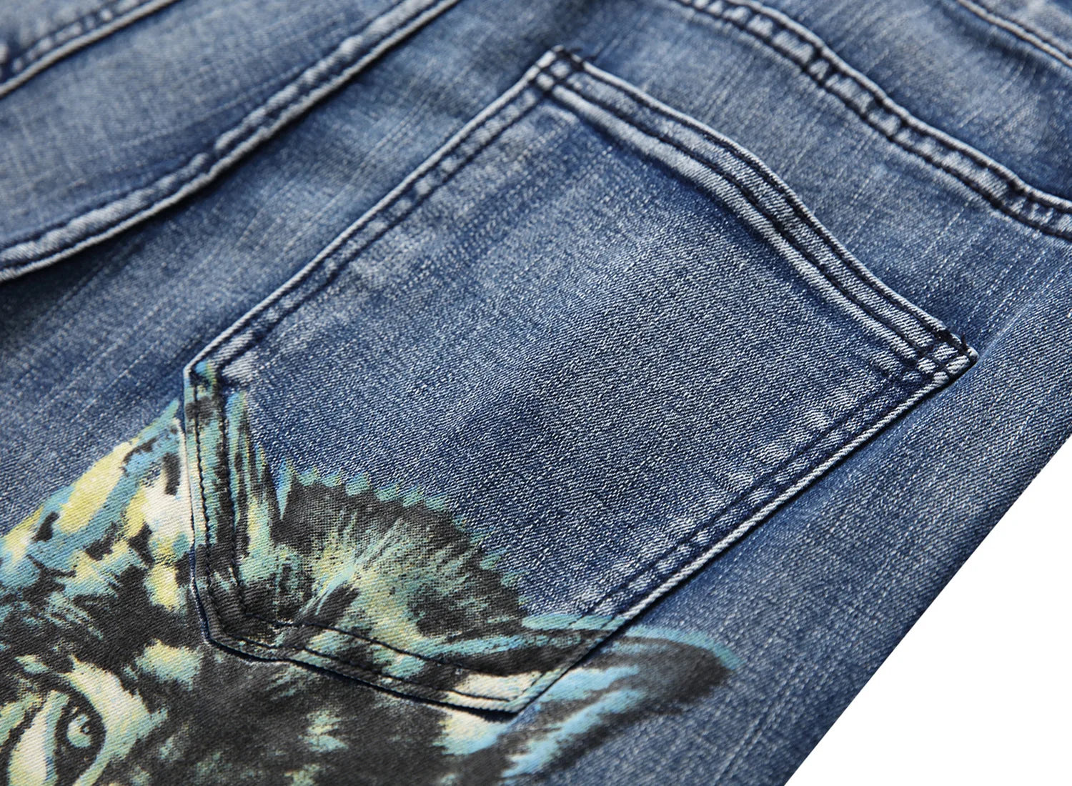 2026 Men's Blue 3D Printing Jeans, Black Wolf Pattern Printed Punk Straight Cotton Casual Print Denim Pants Asian Size 28-42