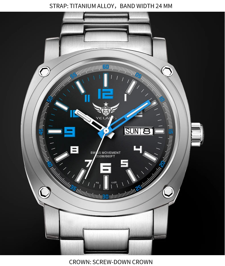 YELANG Men Automatic Watches Titanium Alloy Case H3 T100 Gas SelfLuminous 200M Waterproof Mechanical Wristwatch Sapphire V3.4