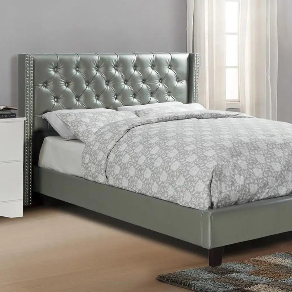 Full Size Silver Faux Leather Upholstered Tufted Bed Frame Headboard Bedroom Set