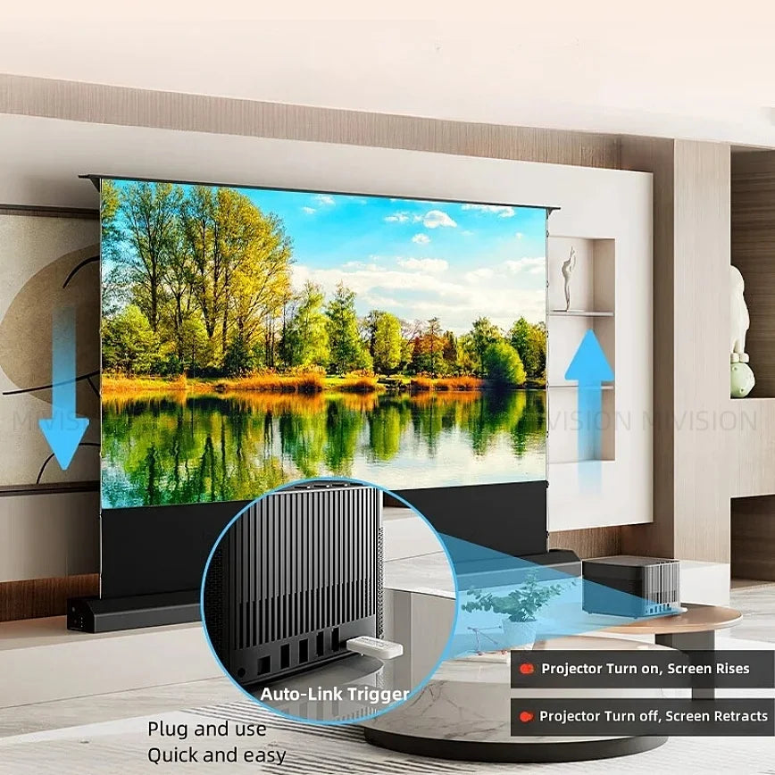 Motorized Fresnel ALR Floor Rising Projector Screen for Standard/Long Throw Projector, 8K Floor Stand Screen for Home Theater