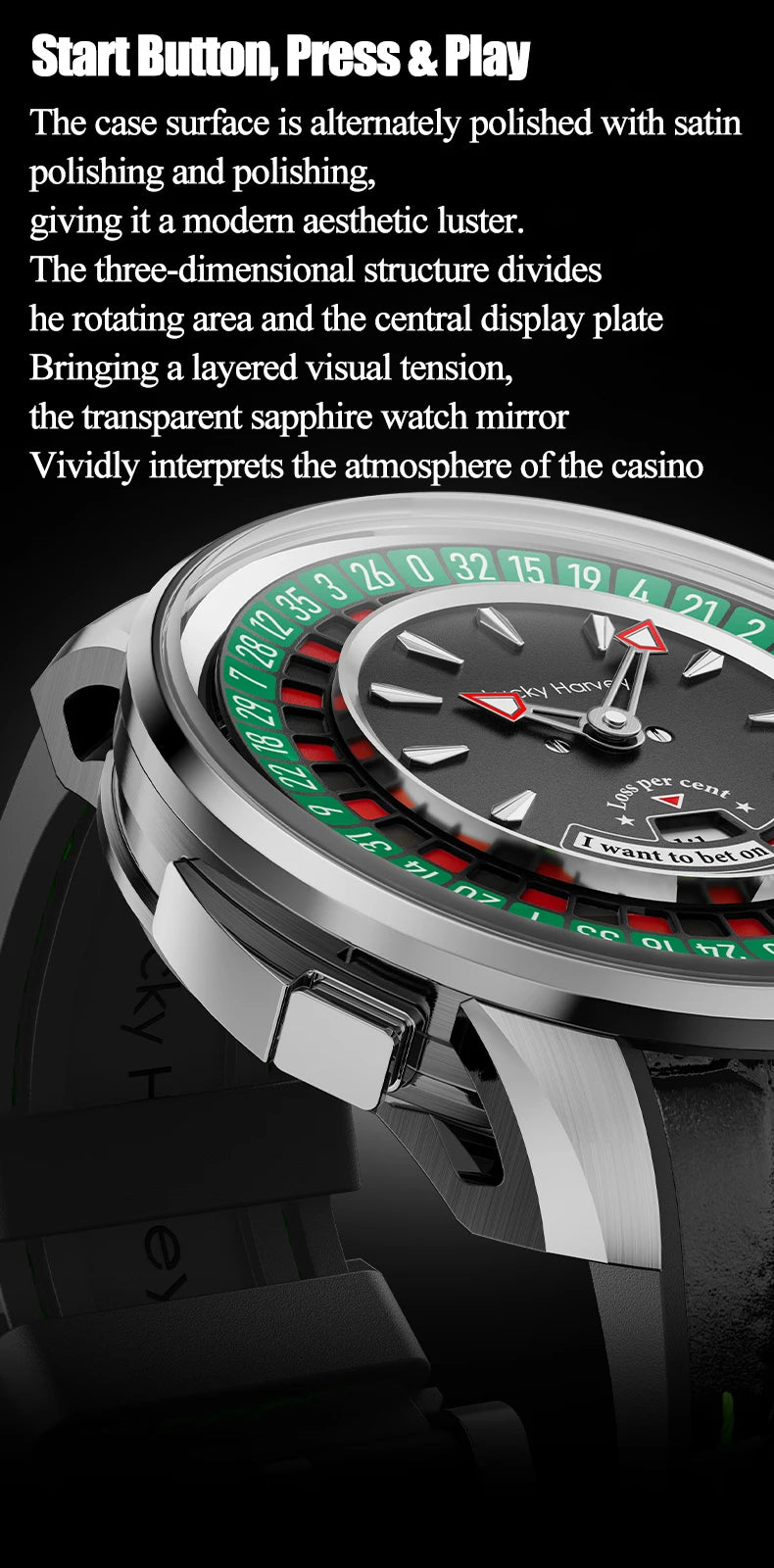 Lucky Harvey Player Series Mechanical Watches for Men European Roulette Game Dial Automatic Movement Funny Design Party Watch