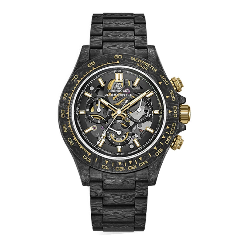 CRONUSART Men Chronograph Watch 42mm Automatic Mechanical Wristwatch Carbonfiber Case & Bracelet Luminous Sapphire Skeleton Dial