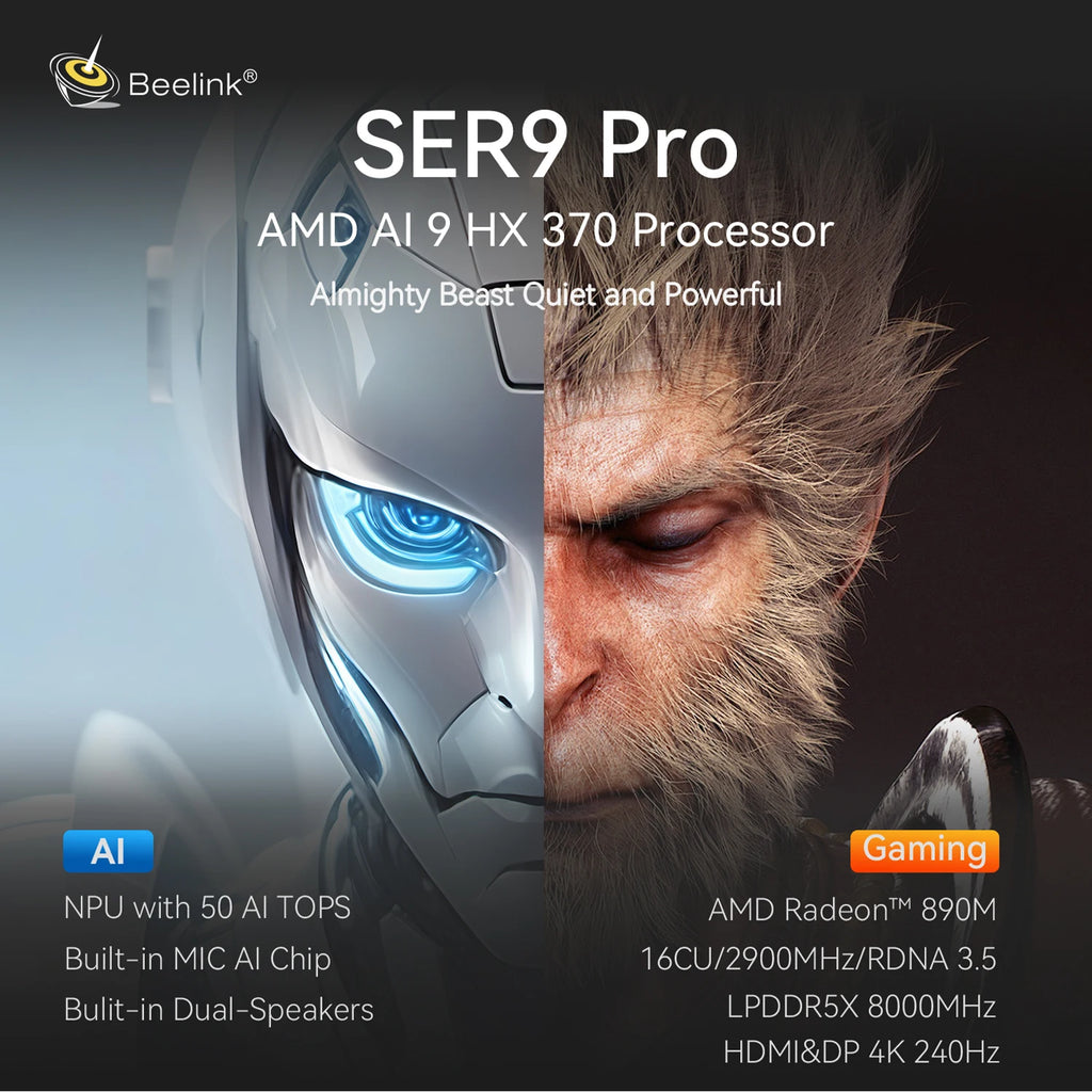 HY Beelink SER9 Pro MINI PC AMD Ryzen AI 9 HX370 32G LPDDR5X 7500MHz Dual M.2 PCIe 4.0 1TB Mini 4K HDMI Type C MINI Host 1TB SSD