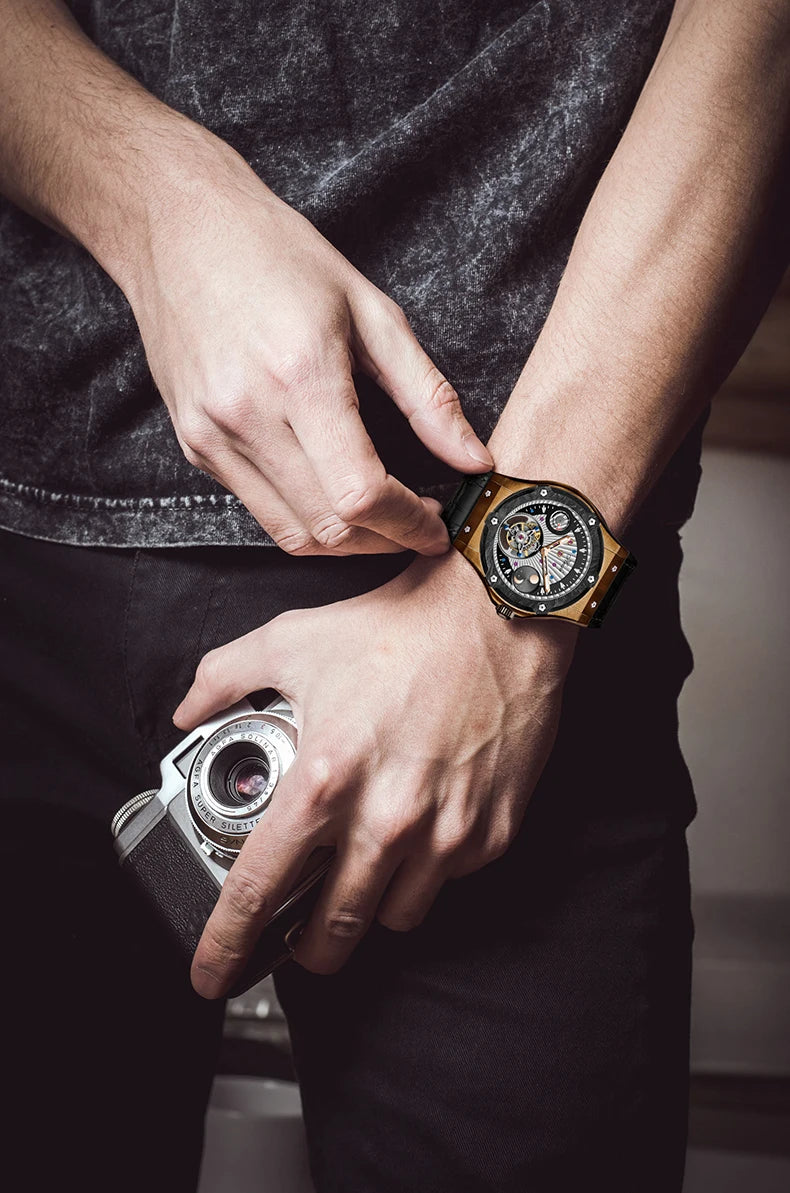 Haofa Manual Tourbillon Movement Watch for man Sapphire Mechanical Bronze Case Carbon Fiber Bezel Mens Watch Day And Night 1915T