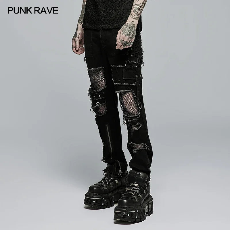 PUNK RAVE New Men's Punk Rock Broken Hole Net Black Long  Trousers Gothic Casual Male Motocycle Cotton Denim Pants Visual Kei