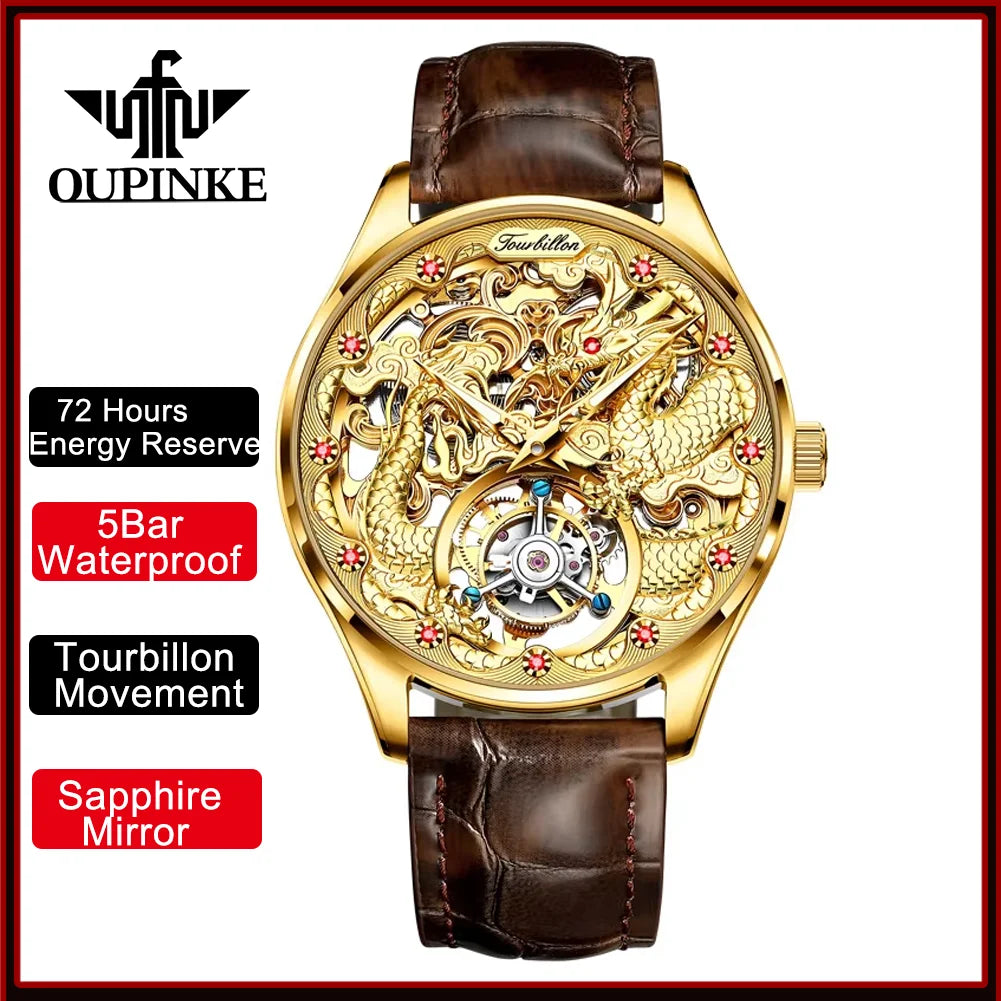 OUPINKE 3176 Gold Dragon Watch Tourbillon Automatic Watches for Man Fashion Skeleton Mechanical Mens Wristwatch Luxury Man Watch
