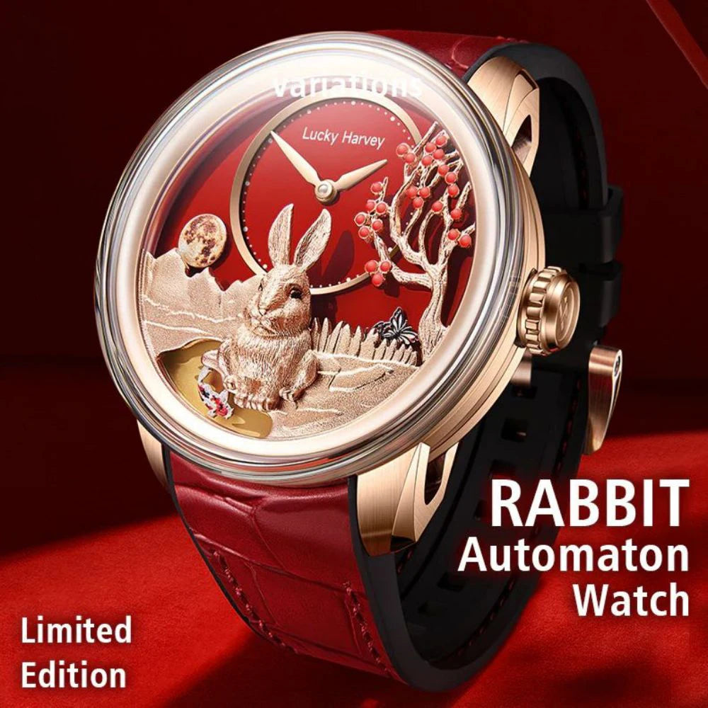 Lucky Harvey Limited Edition Automatic Mechanical Watches for Men Cute 3D Rabbit Dial Synthetic Sapphire Waterproof Wrist Watch