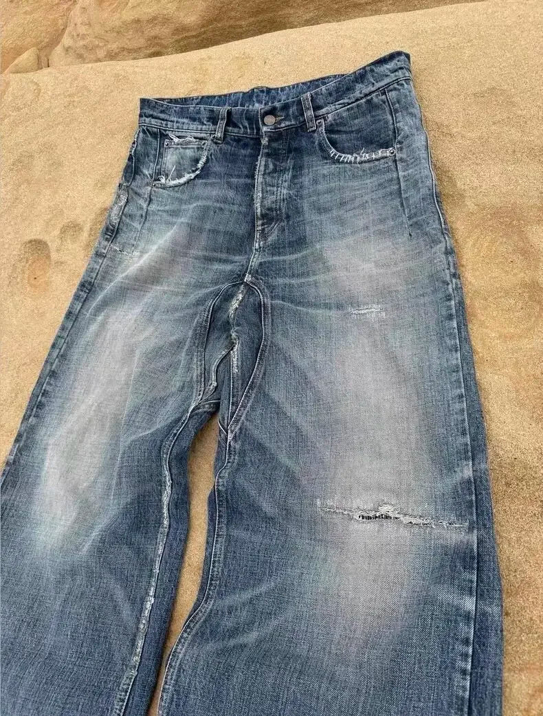 No faith studios washed pussy whiskers made old handmade ripped loose wide legs light blue jeans