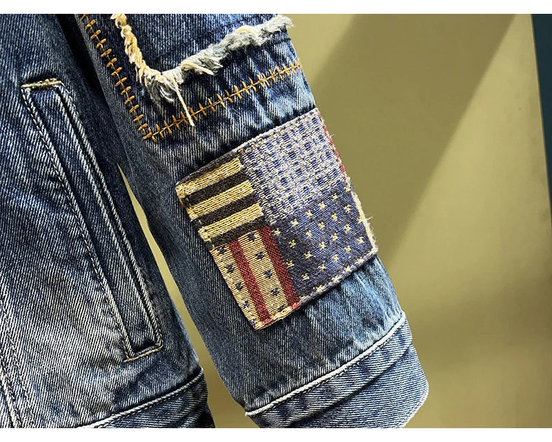 Streetwear Fashion Men Jacket High Quality Retro Blue Patched Designer Ripped Denim Jacket Men Coats Hip Hop Chaquetas Hombre