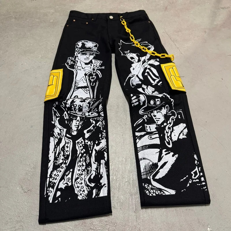 Anime Print Baggy Jeans Men Harajuku Hip Hop Black Denim Pants Streetwear Y2K Manga Graphic Wide Leg Trousers Gothic Clothes