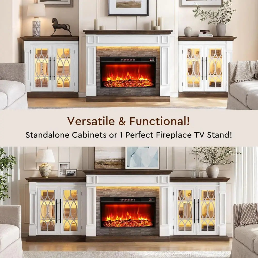 100 LED TV Stand with Outlet, Electric Fireplace, Mantel, Entertainment Center, 30 Heater Insert, 3D Flame Effect, Customized