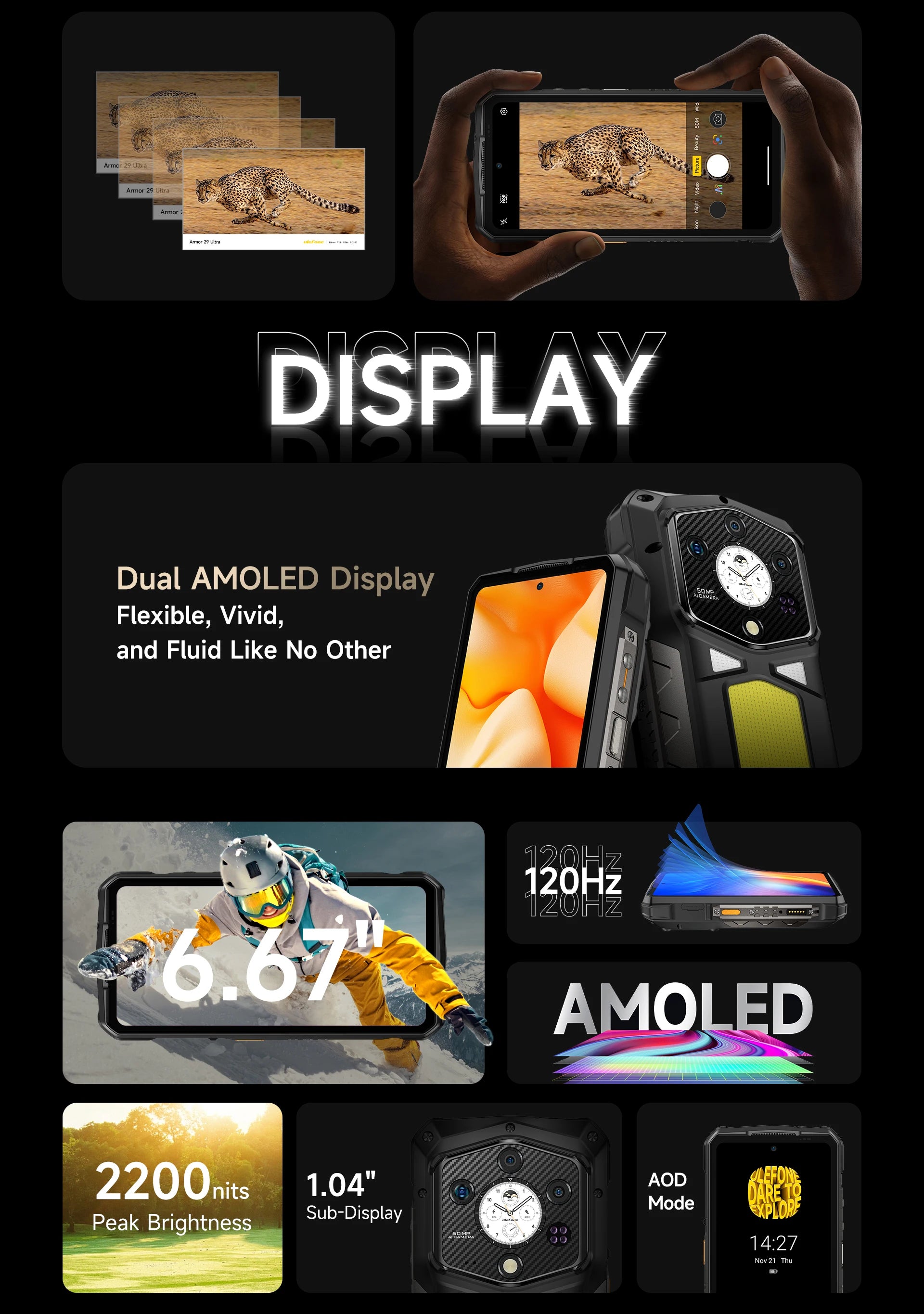 Ulefone Armor 29 Ultra 5G AI Rugged Phone Dual Screen Dimensity 9300+21200mAh 120Hz 1TB ROM 64MP, NFC, Android 15 Smartphone