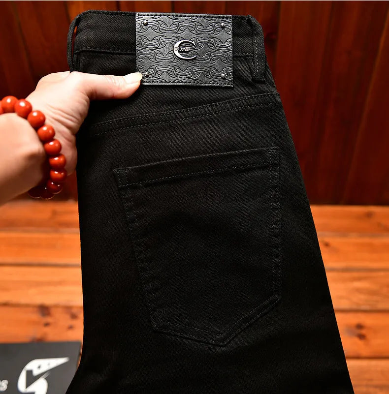 High end high street ripped patch design black jeans for men in autumn, slim fit American style trendy pants with small feet