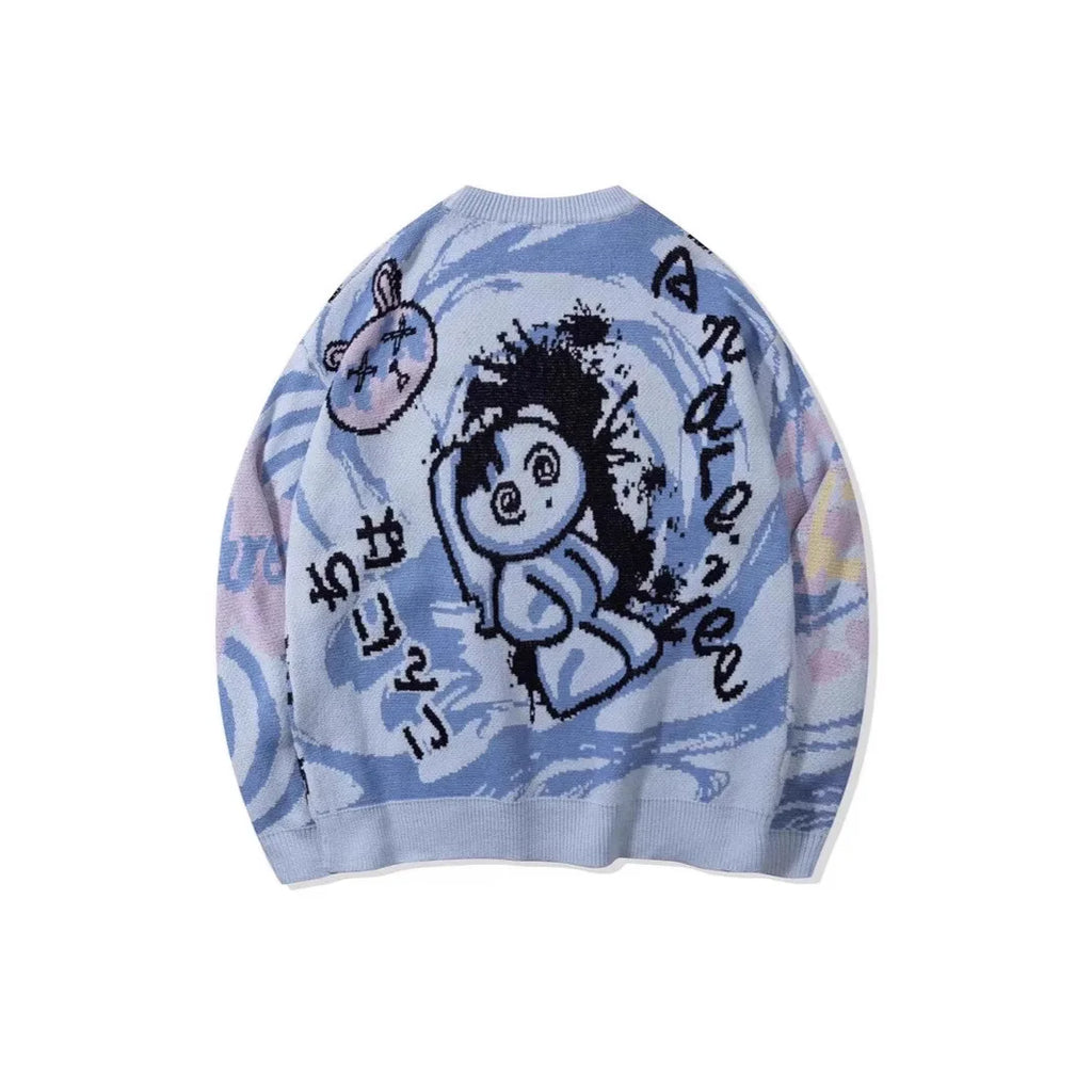 Loose Long Sleeve round Neck Knitted Sweater High Street Trendy Brand Men's Cartoon Couple Casual Breathable Elastic