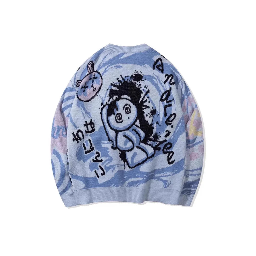 Loose Long Sleeve round Neck Knitted Sweater High Street Trendy Brand Men's Cartoon Couple Casual Breathable Elastic