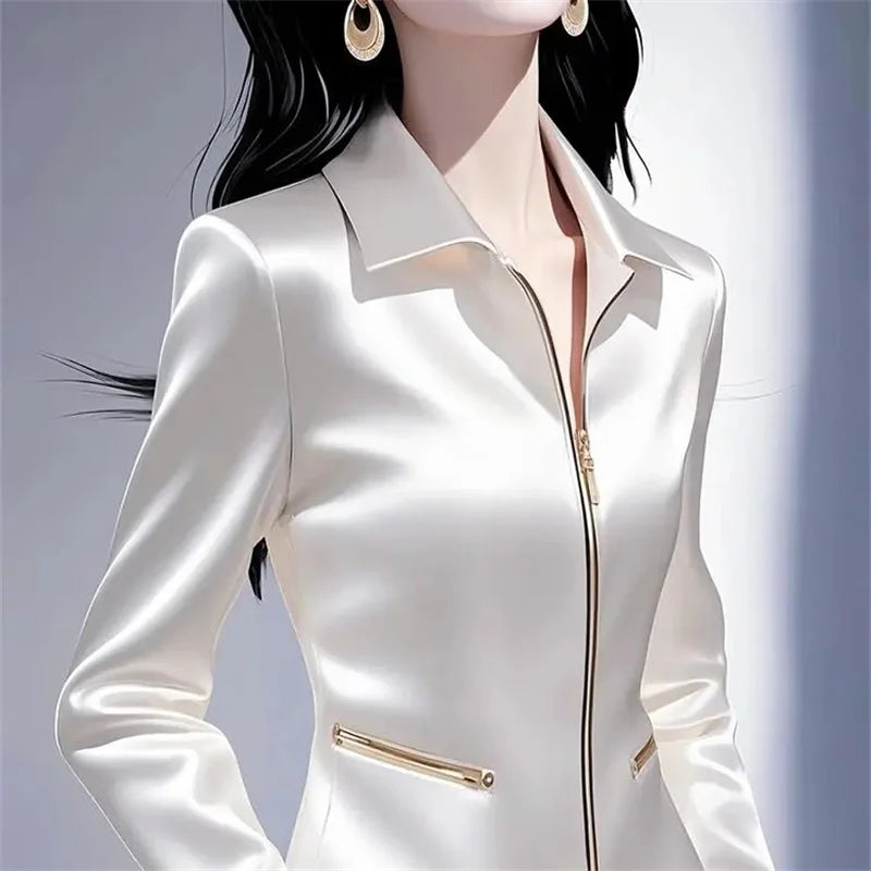 Contrast Satin Jacket Women's 2025 Early Spring Summer New Shirt Female High Quality Western-Style Waist Coat Zipper Tops Ladies