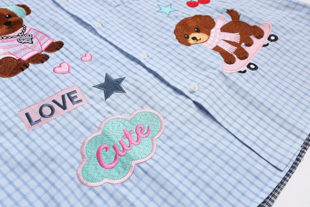 Plaid Patchwork Long Sleeve Shirts Mens Cartoon Embroidery Spring Retro Casual Loose Lapel Single Breasted Shirts Man
