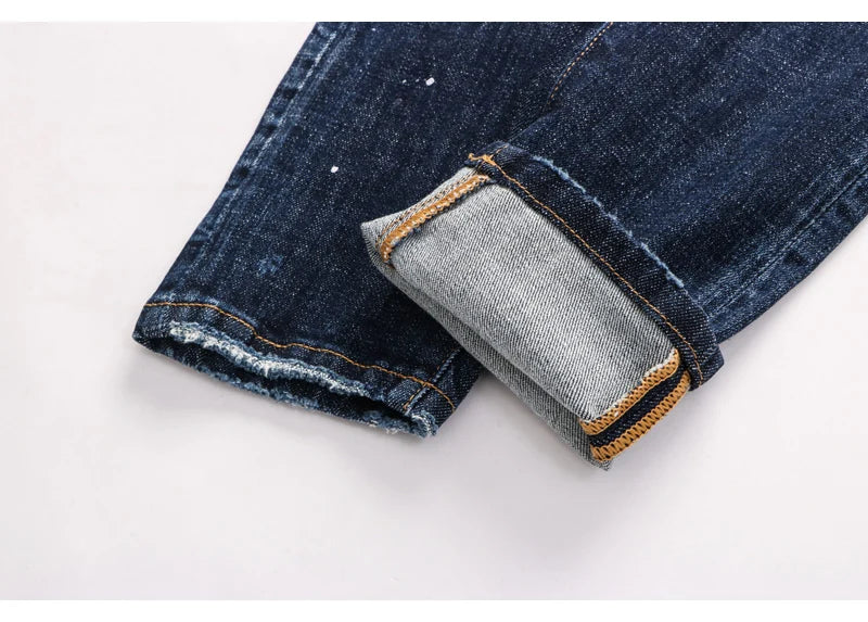 Latest designer fashion new men's jeans, washed, vintage painted embroidery, stretchy slim fit hombre