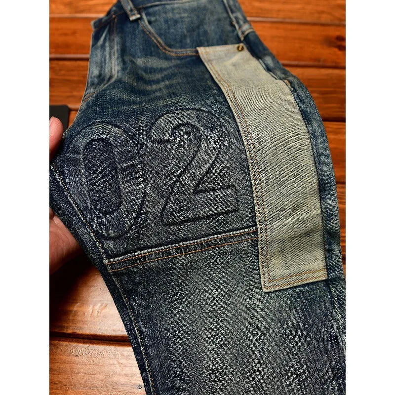 Fashionable high-end jeans for men, slim fit, small feet, washed retro patchwork design, trendy and luxurious men's pants