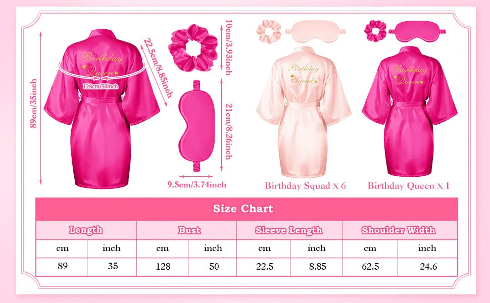 21 Pcs Women Birthday Party Robe Set Queen Squad Kimono Satin Bathrobes with Eye Mask and Scrunchie for Birthday