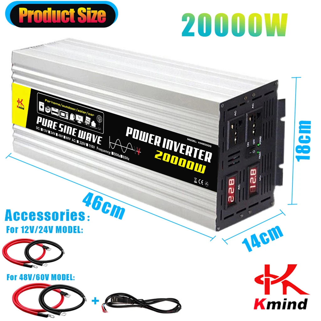 Pure Sine Wave Power Inverter 4000W DC 12V 24V 48V 60V to AC 220V Peak 20000W Inversor 12 V 220 V Convertor for Air Conditioner