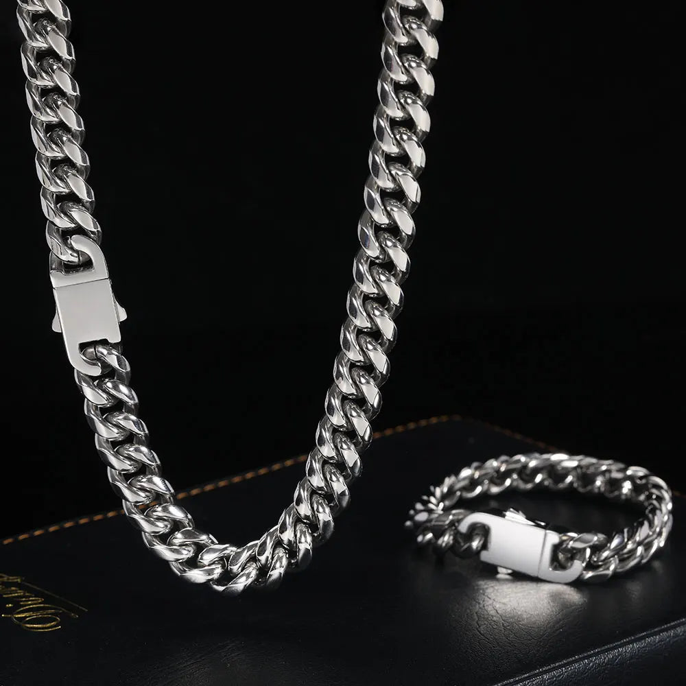 8-16mm 316L Stainless Steel Hip Hop Jewelry Curb Miami Cuban Link Chain Necklace Bracelet Gift for Men Women