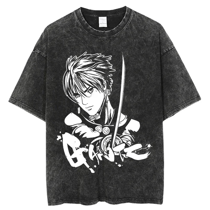 Punk GANTZ Anime T Shirt Men Vintage Washed 100% Cotton T Shirts for Men 2024 Punk Hip Hop Streetwear Harajuku Male T-shirt