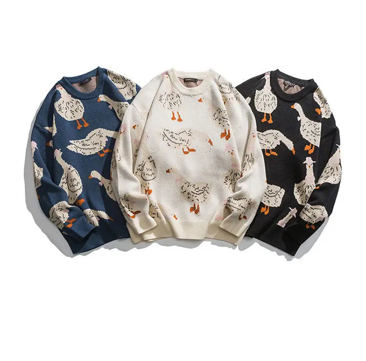 Chic Cartoon Animal Duck Goose Print Knitted Sweater Men Pullover Harajuku Casual O-Neck Oversize Streetwear Fall Winter Top