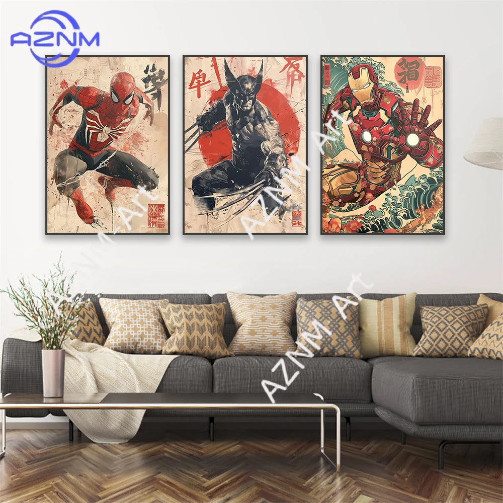 Deadpool Wolverine Art Poster Superhero Hulk Classical Japanese Style Prints Iron Man Spider Man Canvas Painting Decor