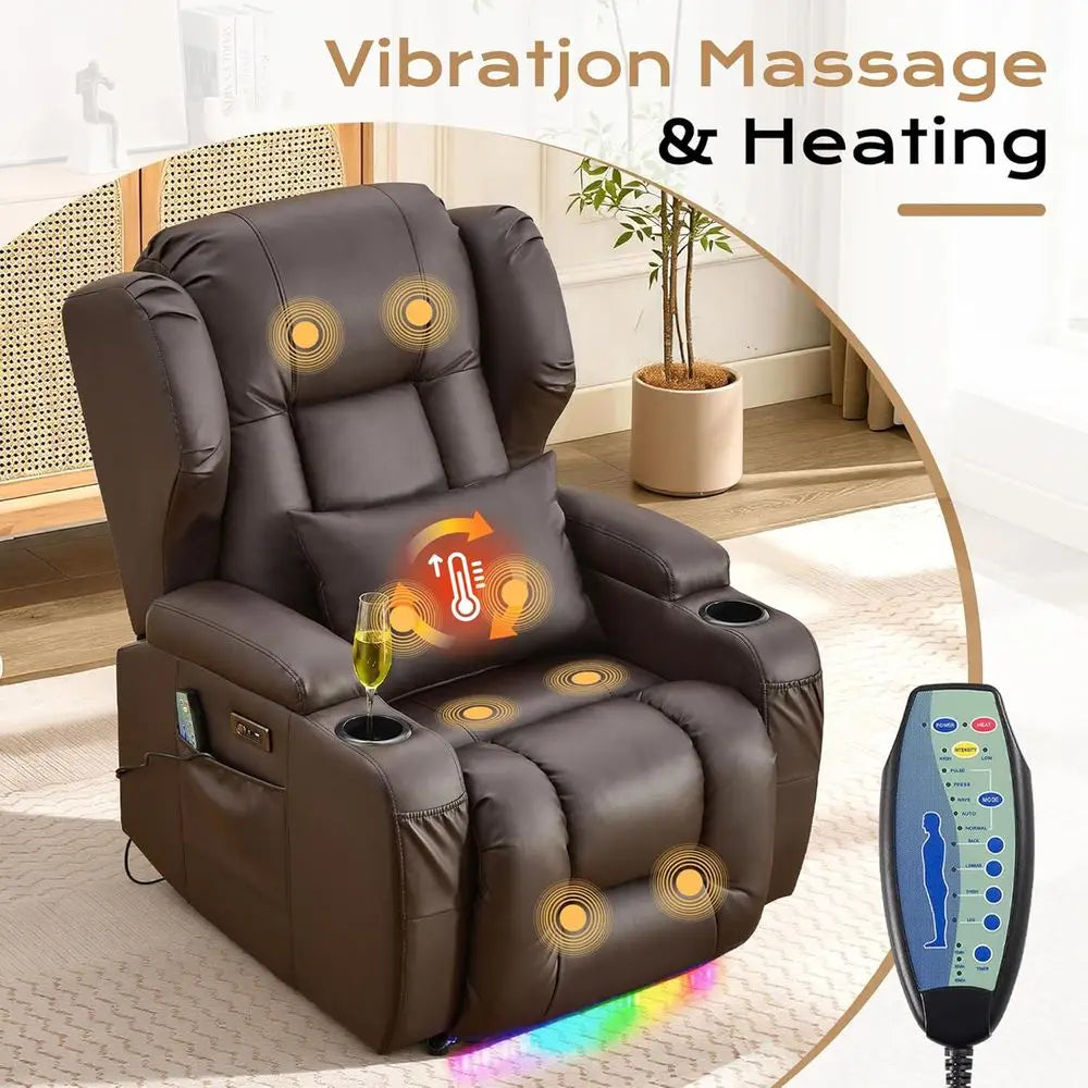 Brown Leather Power Reclining Sofa with Massage, Heat, LED Lights, USB Ports, Cup Holders & Side Pockets